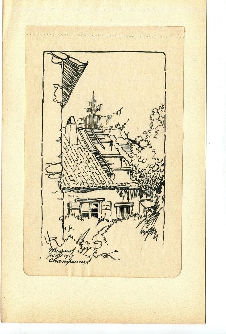 1917 Ruined House, Landscape - Drawing Antique Original Signed Artwork - 8
