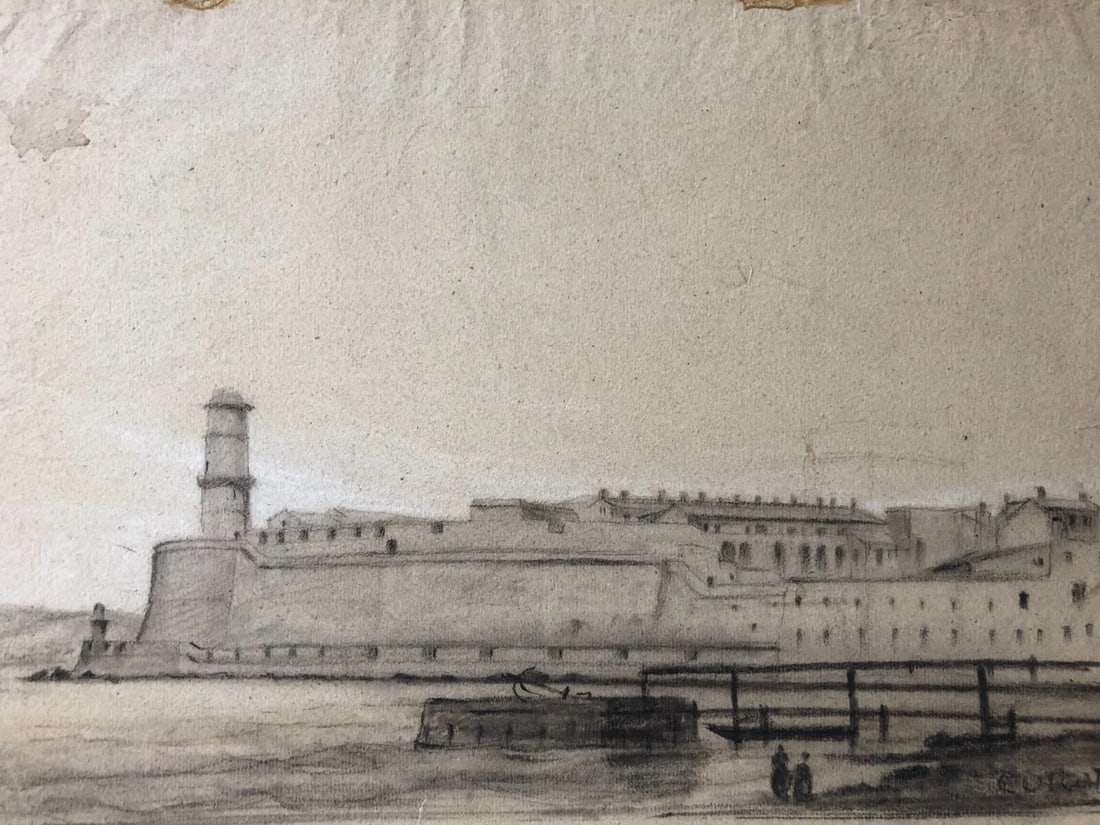 Maritime Port Landscape signed 19th century - Drawing Antique Chacoral Original - 3