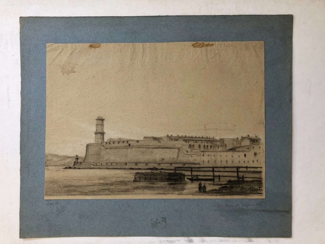 Maritime Port Landscape signed 19th century - Drawing Antique Chacoral Original - 8