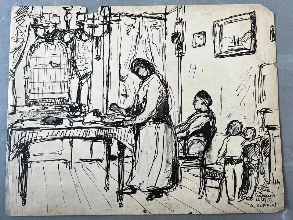 André RUFFIN (1898-1981) Family Scene Artwork - Drawing Original Vintage - 2