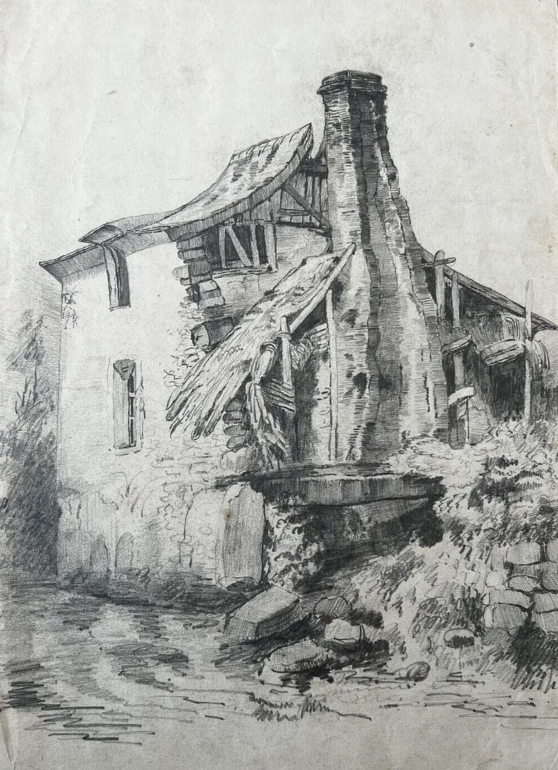 Landscape House, Farm, River 19th century - Drawing Original Antique Pencil: Pencil on paper 37 x 25.5 cm / 14.56 x 10.03 inches stains, folds, tears Reserve: $70.00 Shipping: Domestic: Flat-rate of $22.00 to anywhere within the contiguous U.S. International: Foreign shipping