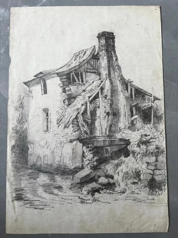 Landscape House, Farm, River 19th century - Drawing Original Antique Pencil - 2