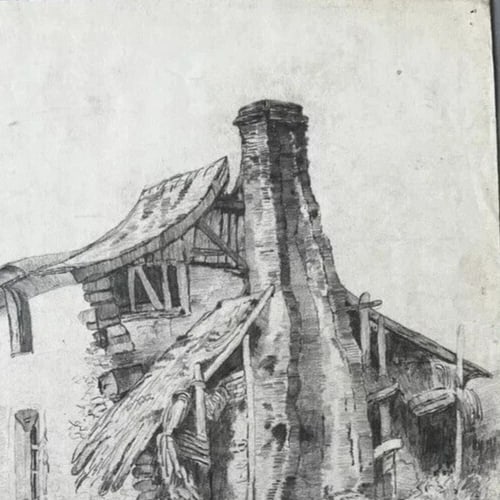 Landscape House, Farm, River 19th century - Drawing Original Antique Pencil - 4