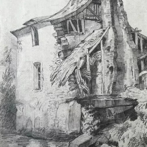 Landscape House, Farm, River 19th century - Drawing Original Antique Pencil - 5