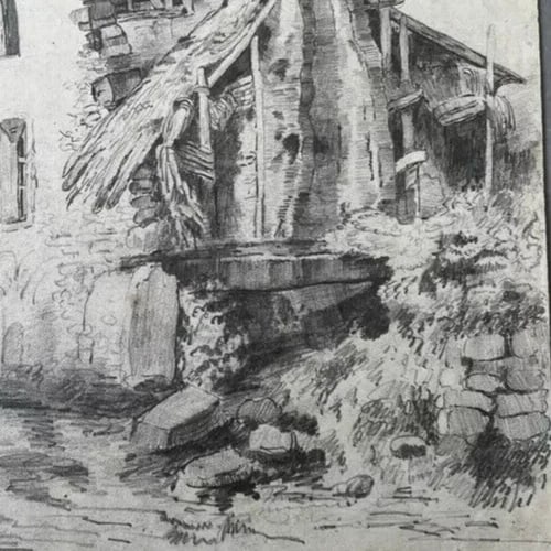 Landscape House, Farm, River 19th century - Drawing Original Antique Pencil - 6