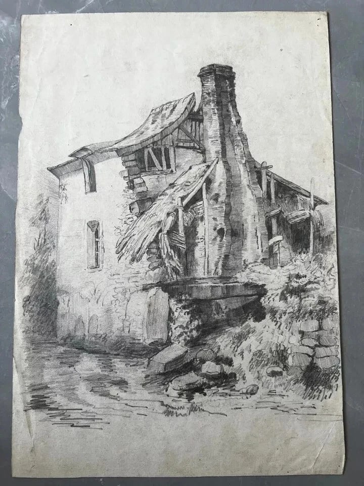 Landscape House, Farm, River 19th century - Drawing Original Antique Pencil - 8
