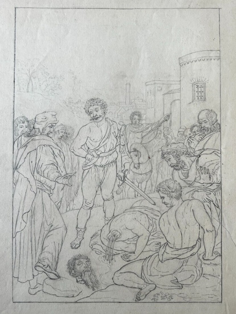 Historical Scene, Murder Artwork - Drawing 19th century Original Antique Pencil - 4