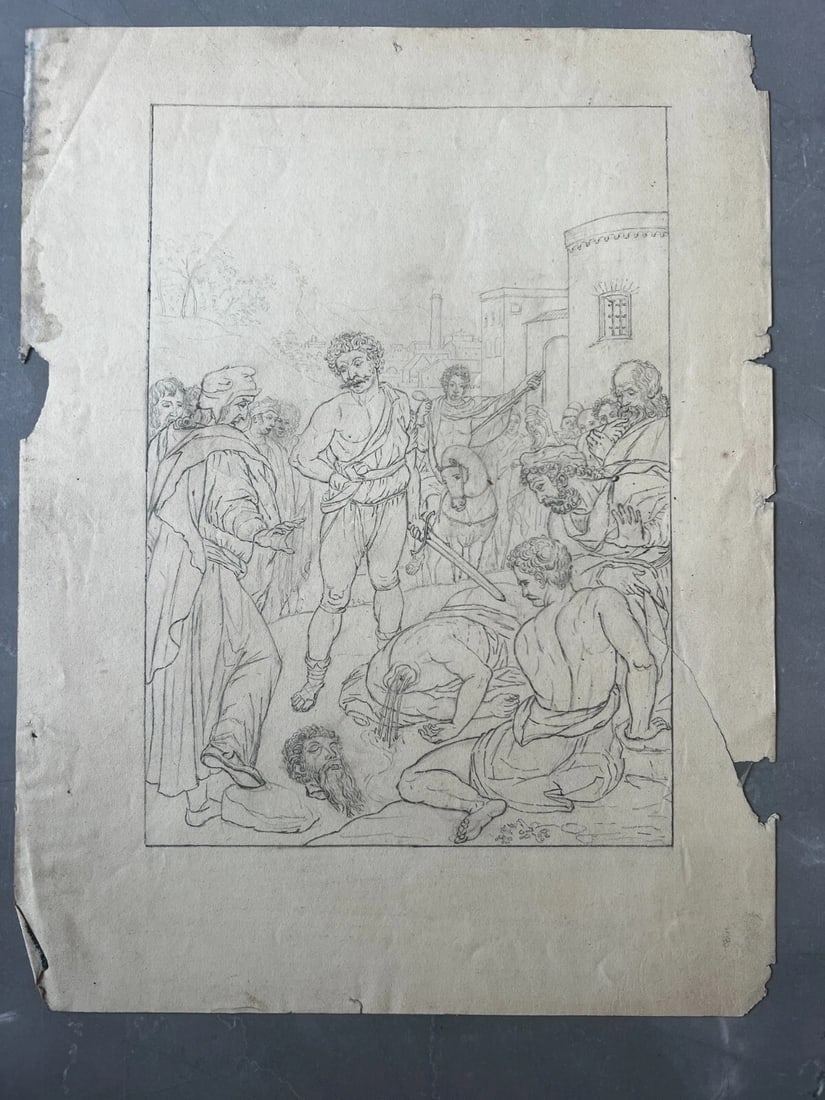 Historical Scene, Murder Artwork - Drawing 19th century Original Antique Pencil - 5