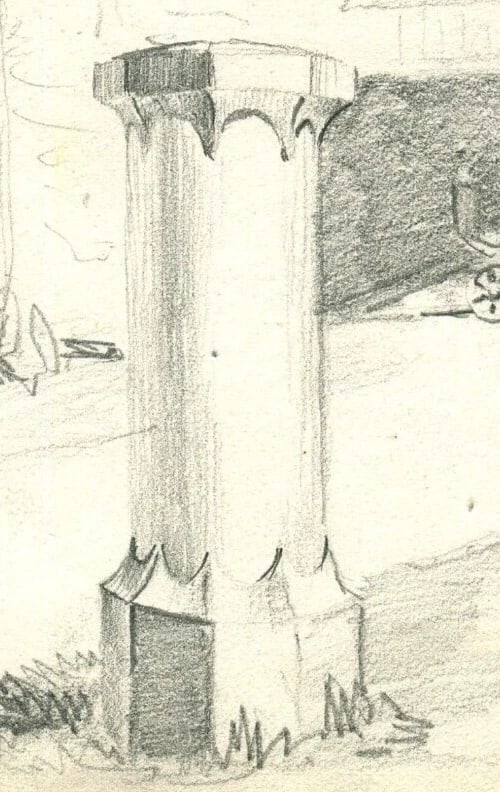 Landscape, Column, Carriage - Drawing Antique Pencil Original Artwork - 2