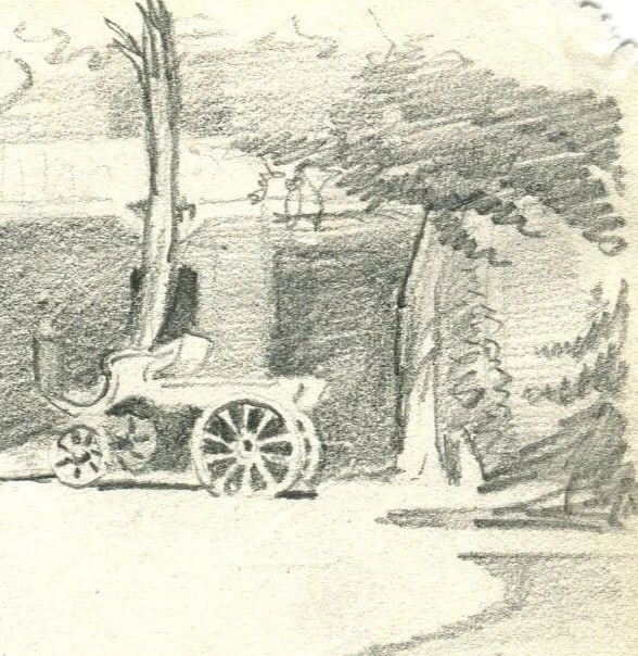 Landscape, Column, Carriage - Drawing Antique Pencil Original Artwork - 3
