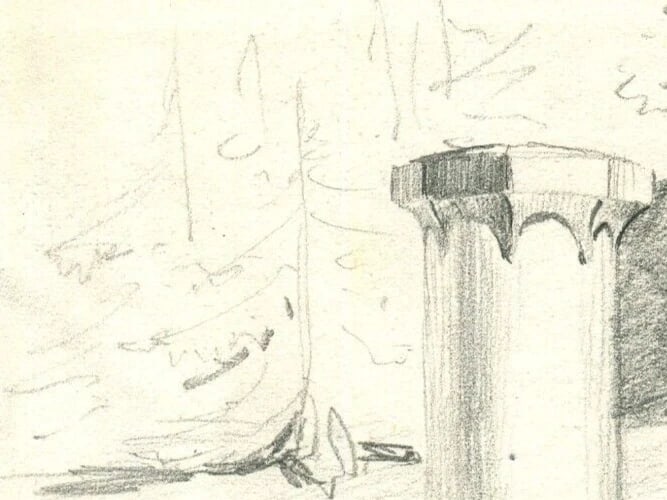 Landscape, Column, Carriage - Drawing Antique Pencil Original Artwork - 4