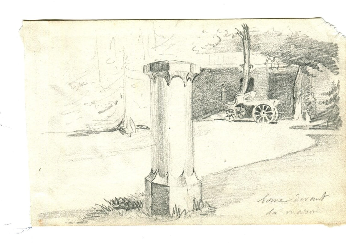 Landscape, Column, Carriage - Drawing Antique Pencil Original Artwork - 6