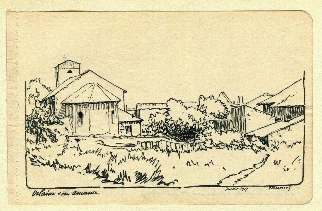 Velaine-sous-Amance Church Landscape - Antique Ink Drawing signed - 3