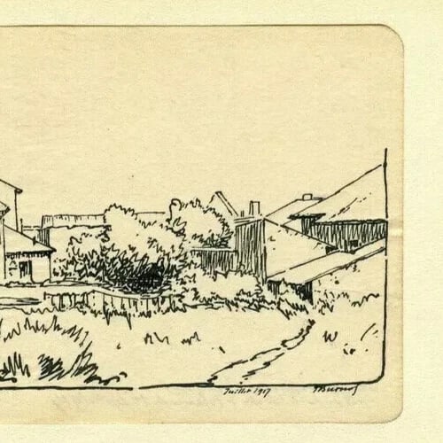 Velaine-sous-Amance Church Landscape - Antique Ink Drawing signed - 6