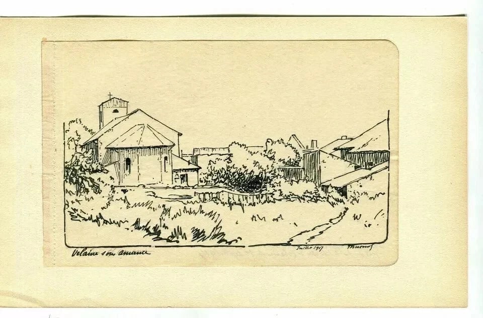 Velaine-sous-Amance Church Landscape - Antique Ink Drawing signed - 8