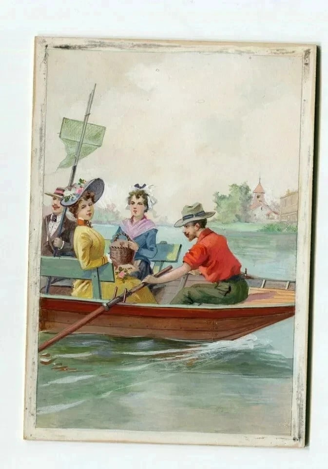 Art Nouveau Gouache Figures on Boat Artwork Antique Drawing Original - 9