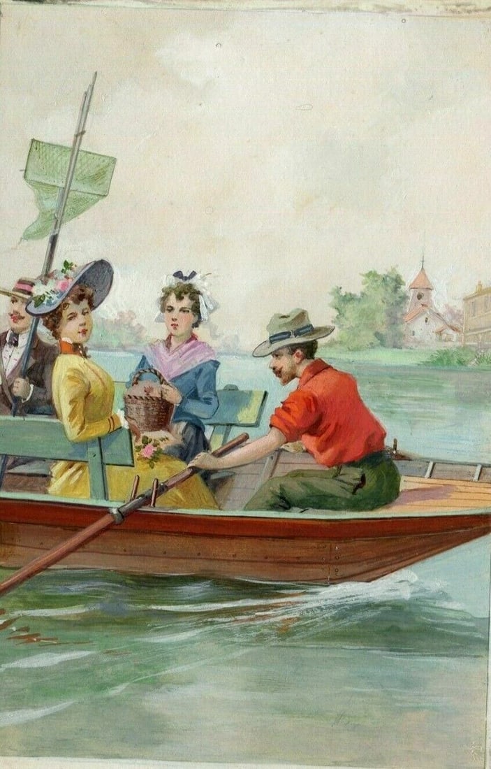 Art Nouveau Gouache Figures on Boat Artwork Antique Drawing Original (1 of 9)