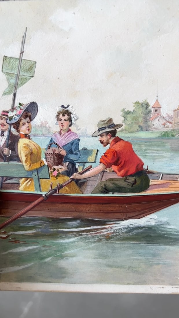 Art Nouveau Gouache Figures on Boat Artwork Antique Drawing Original - 2