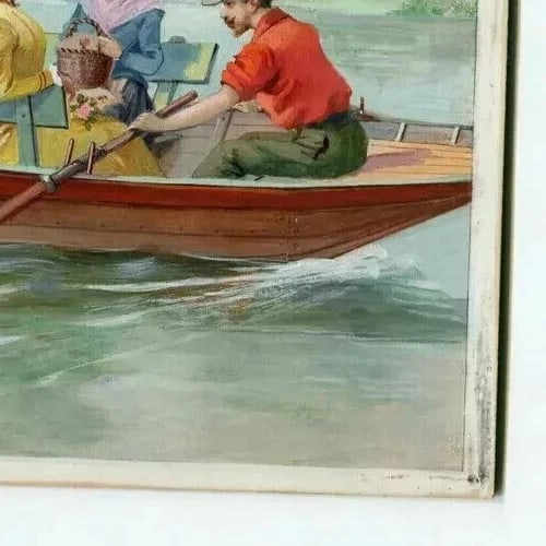 Art Nouveau Gouache Figures on Boat Artwork Antique Drawing Original - 4