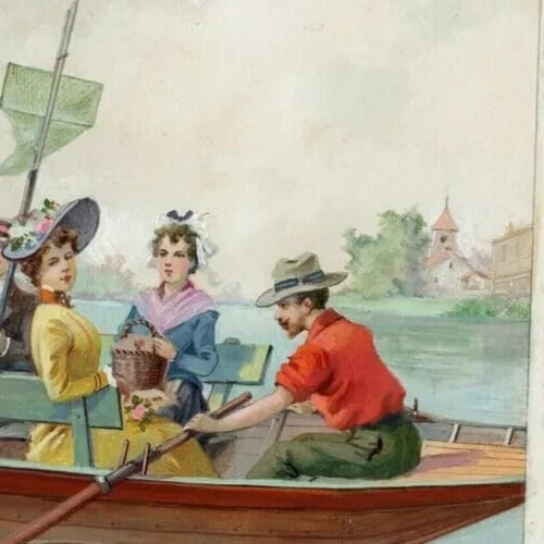 Art Nouveau Gouache Figures on Boat Artwork Antique Drawing Original - 6