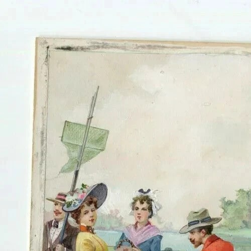 Art Nouveau Gouache Figures on Boat Artwork Antique Drawing Original - 7