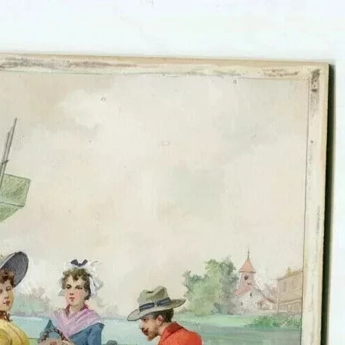 Art Nouveau Gouache Figures on Boat Artwork Antique Drawing Original - 8