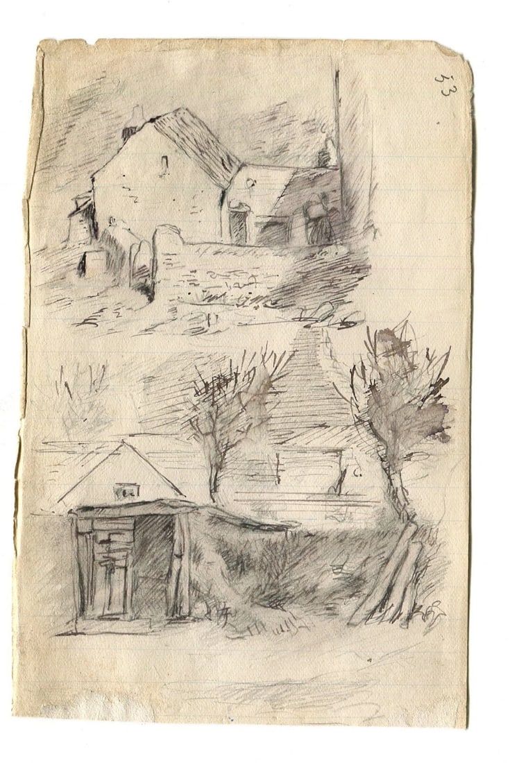 1900 Farms, House, Landscape - Drawing Antique Ink Original Artwork - 2