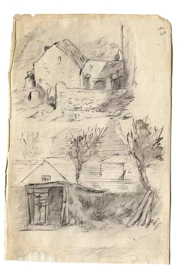 1900 Farms, House, Landscape - Drawing Antique Ink Original Artwork - 5