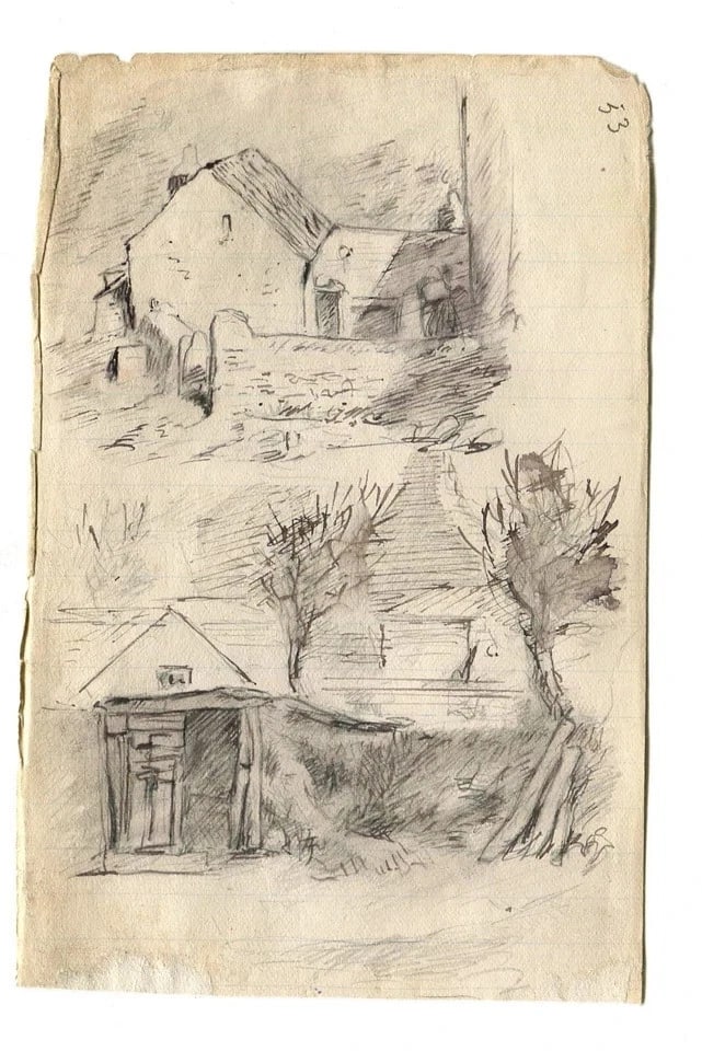 1900 Farms, House, Landscape - Drawing Antique Ink Original Artwork - 8