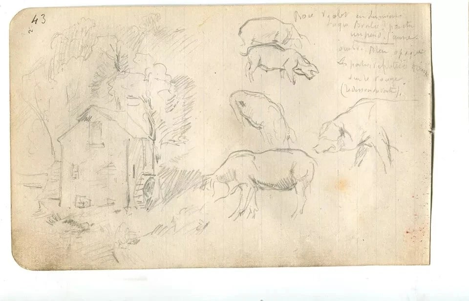 Pig, House, Trees Sketches Artwork Vintage Pencil Original Pencil Drawing - 2