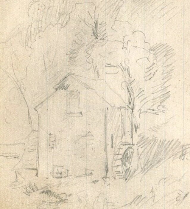Pig, House, Trees Sketches Artwork Vintage Pencil Original Pencil Drawing - 3