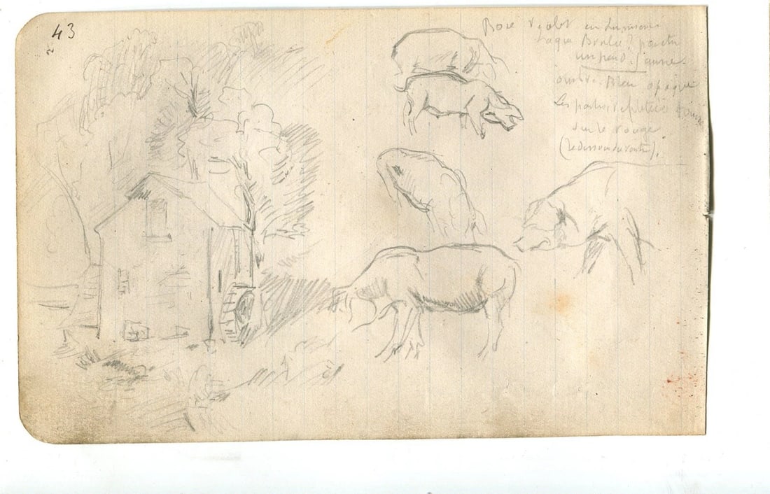 Pig, House, Trees Sketches Artwork Vintage Pencil Original Pencil Drawing - 5