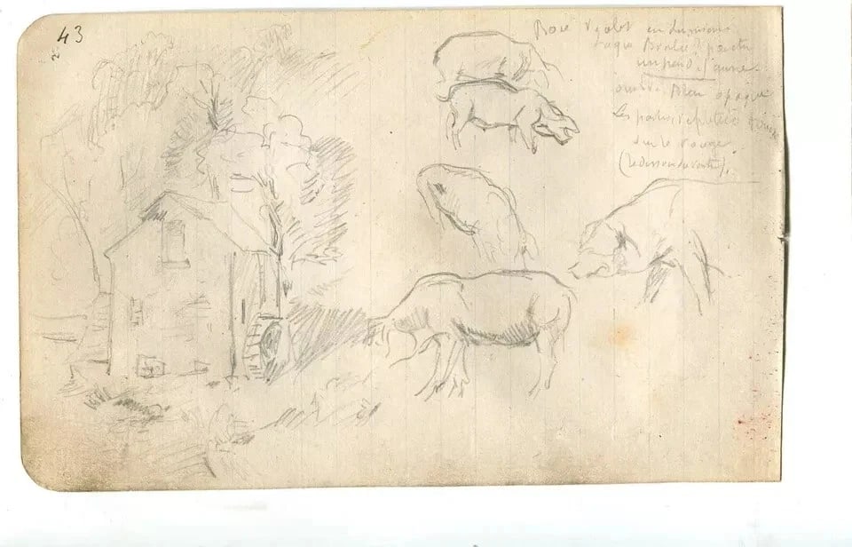 Pig, House, Trees Sketches Artwork Vintage Pencil Original Pencil Drawing - 8