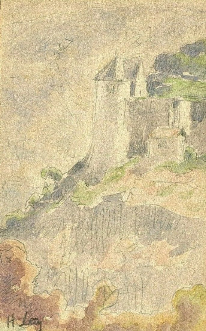 Castle Mountain Landscape Antique Original Watercolor Drawing Signed: Watercolor on paper (both sided) 14,5 x 8,5 cm / 5.70 x 3.34 inches stains, folds Reserve: $50.00 Shipping: Domestic: Flat-rate of $22.00 to anywhere within the contiguous U.S. International: Foreign