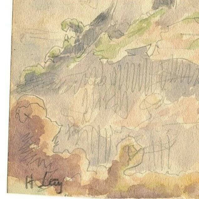 Castle Mountain Landscape Antique Original Watercolor Drawing Signed - 4