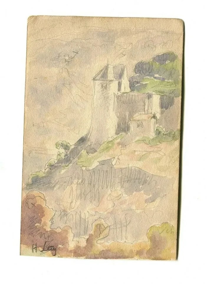 Castle Mountain Landscape Antique Original Watercolor Drawing Signed - 5