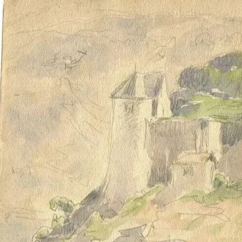 Castle Mountain Landscape Antique Original Watercolor Drawing Signed - 6