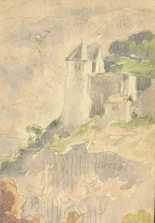 Castle Mountain Landscape Antique Original Watercolor Drawing Signed - 7