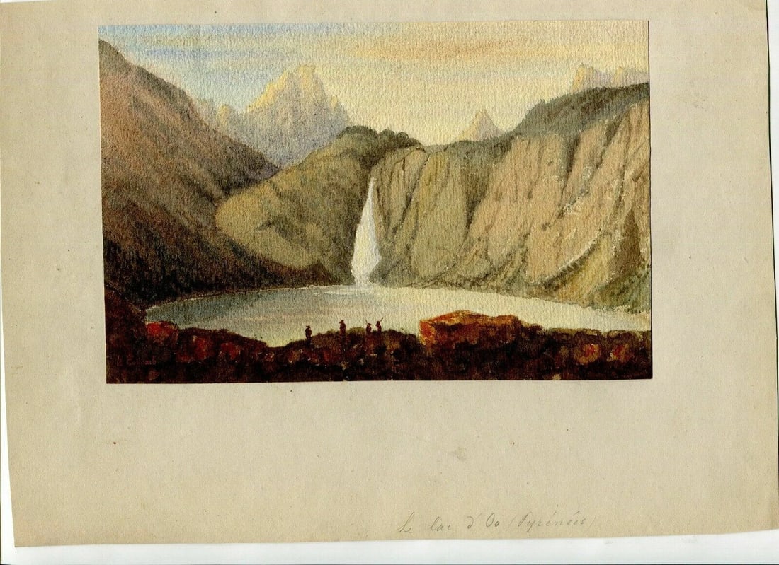 A.Collomb Landscape Lake Oo Pyrénées - Antique Original Drawing signed - 2