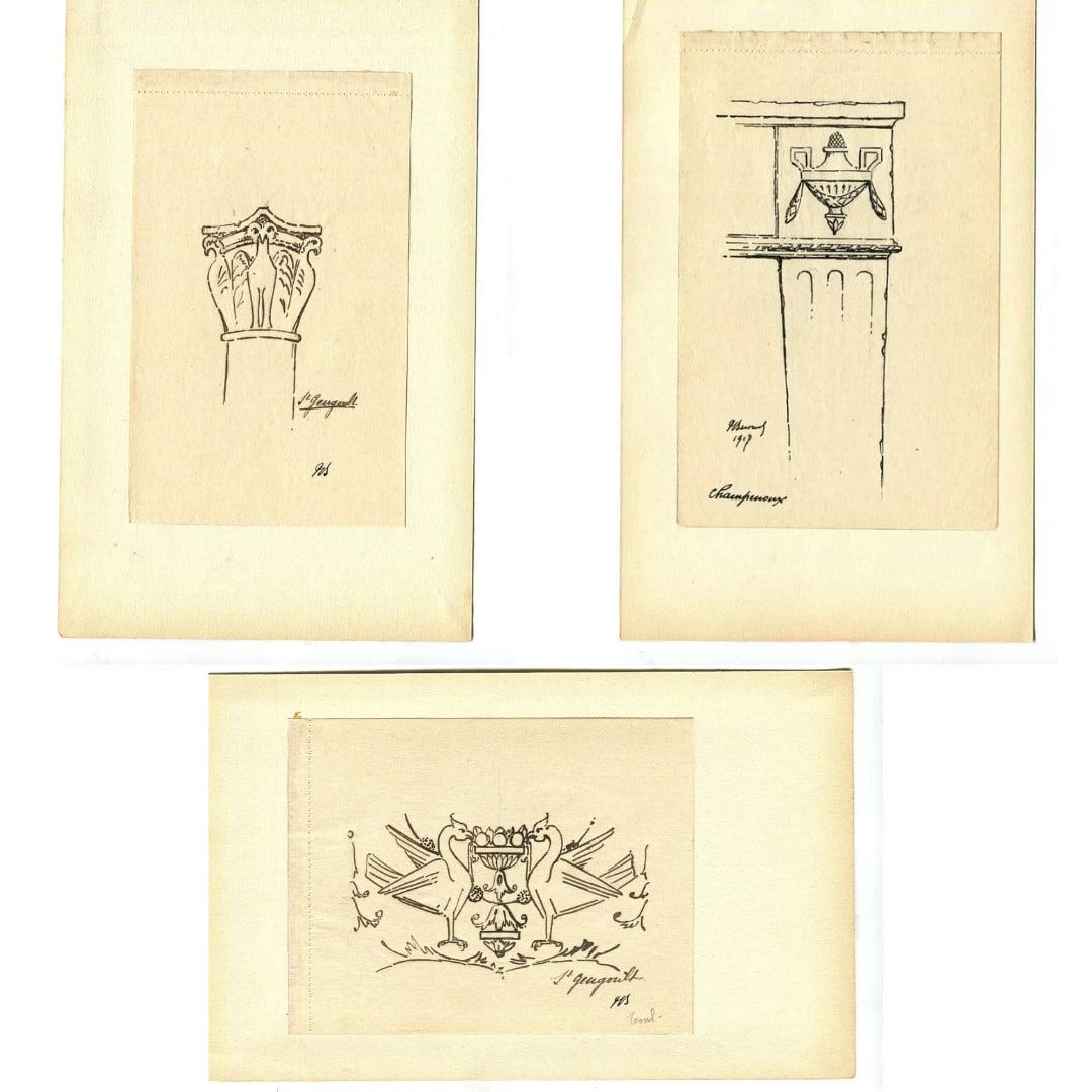 Saint-Gengoult Badge, Columns - Drawing Vintage Ink Original 1917 signed x3 (1 of 6)