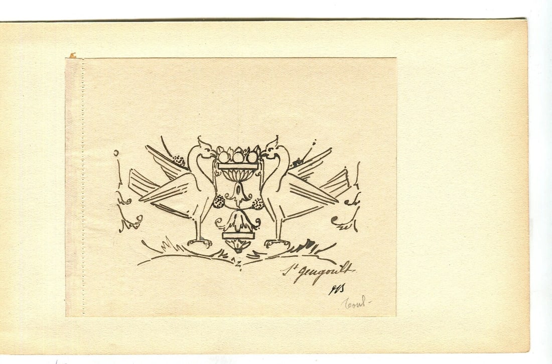 Saint-Gengoult Badge, Columns - Drawing Vintage Ink Original 1917 signed x3 - 2