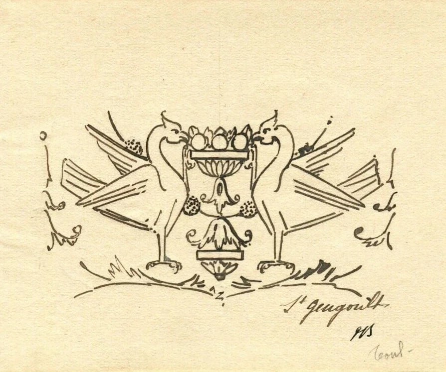 Saint-Gengoult Badge, Columns - Drawing Vintage Ink Original 1917 signed x3 - 3