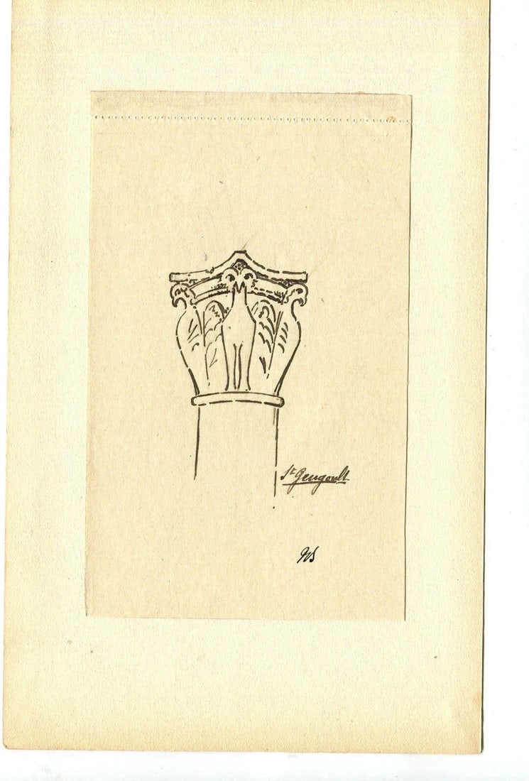 Saint-Gengoult Badge, Columns - Drawing Vintage Ink Original 1917 signed x3 - 6