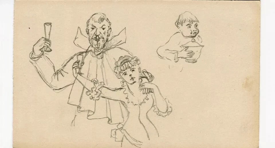 Couple, Portrait, People Drawing Vintage Pencil Original Artwork Sketch x4 - 2