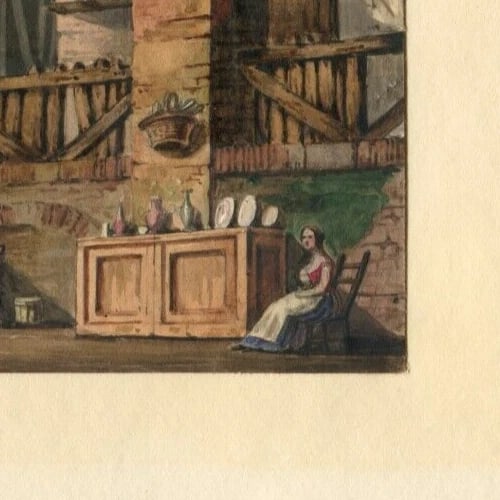 19th Architecture, House Interior, People - Drawing Antique Original 19th century - 3