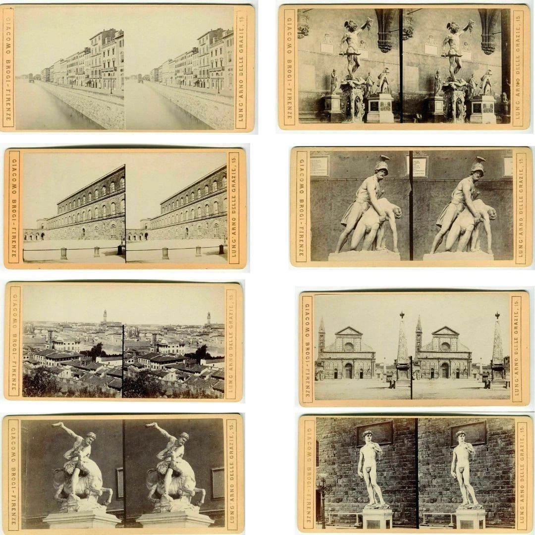 Vintage Stereoview Giacomo BROGI - Florence x9 c. 1870: Dimension card: 173 x 88 mm Dimension print: 150 x 80 mm Reserve: $280.00 Shipping: Domestic: Flat-rate of $29.00 to anywhere within the contiguous U.S. International: Foreign shipping rates are
