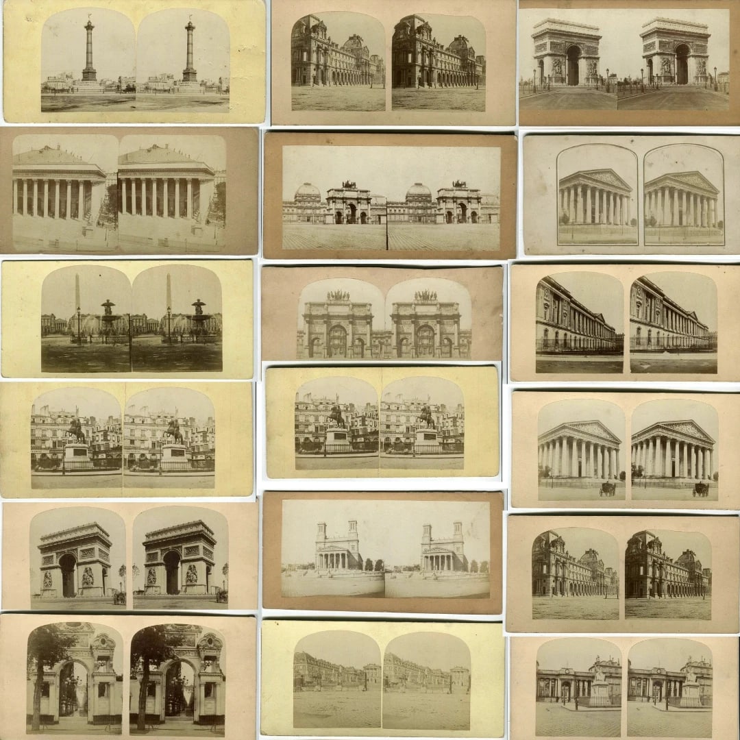Vintage Stereoview - Paris Views, Albumen c. 1860 x18: Albumen prints mounted on stereo card 8,5 x 17,5 cm Reserve: $500.00 Shipping: Domestic: Flat-rate of $22.00 to anywhere within the contiguous U.S. International: Foreign shipping rates are