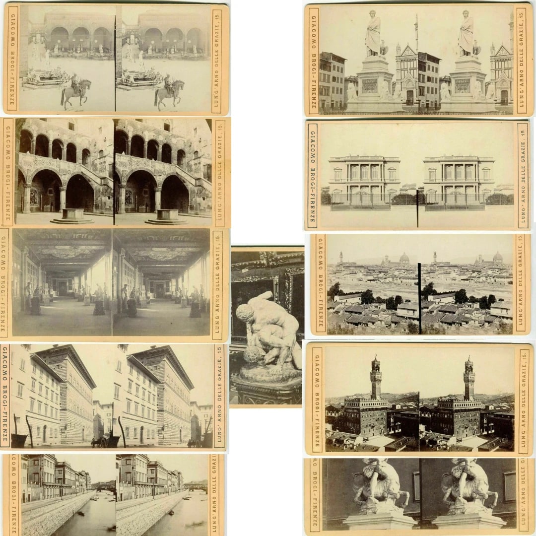 Stereoview - Giacomo BROGI - Florence Views c. 1870 Vintage x11: Dimension card: 173 x 88 mm Dimension print:150 x 80 mm Reserve: $400.00 Shipping: Domestic: Flat-rate of $22.00 to anywhere within the contiguous U.S. International: Foreign shipping rates are