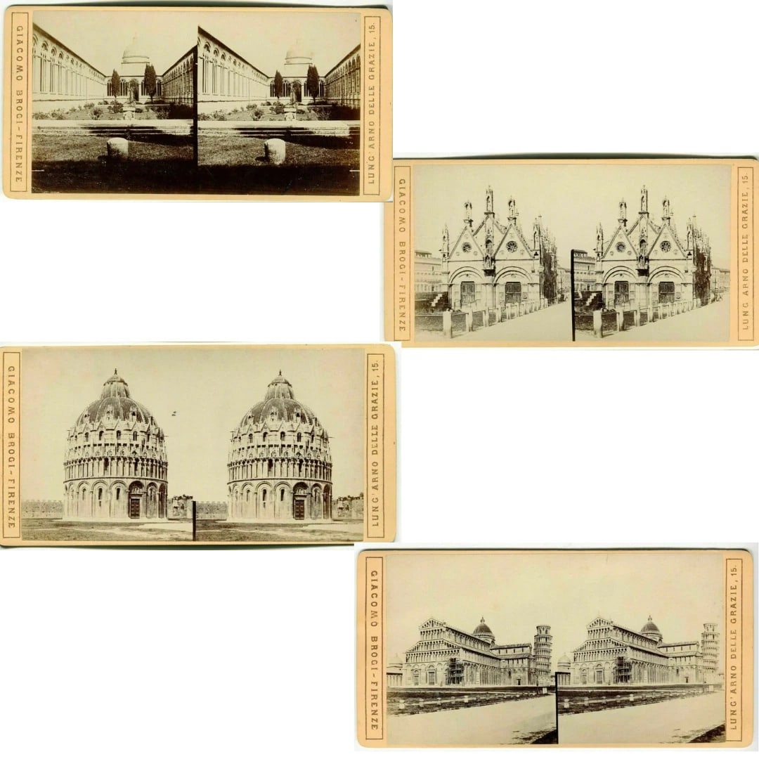 Vintage Stereoview Photograph Giacomo BROGI - Pisa, Duomo, Italie c. 1870 x4: Dimension card: 173 x 88 mm Dimension print: 150 x 80 mm Reserve: $110.00 Shipping: Domestic: Flat-rate of $22.00 to anywhere within the contiguous U.S. International: Foreign shipping rates are