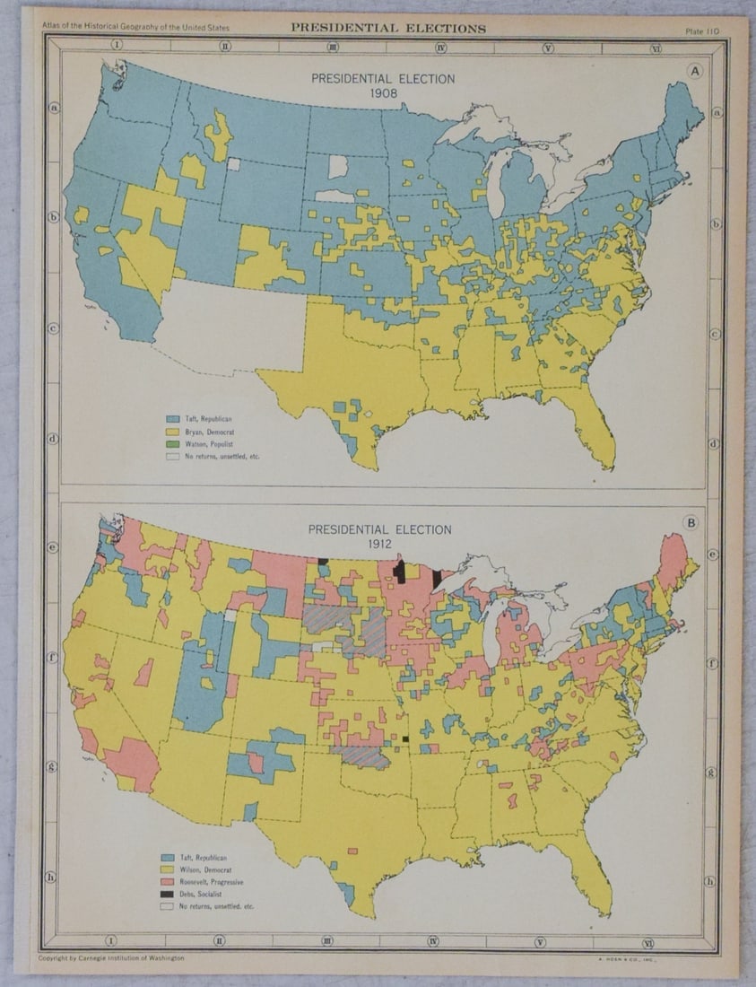 Maps of Presidential Election Outcomes 1908-1924: Title:Maps of Presidential Election Outcomes 1908-1924,li>Cartographer:Carnegie Institution Year/Place:1928 c., Washington DC Map Dimension (in.):12.8 X 9.7 in. Description:These series of four maps
